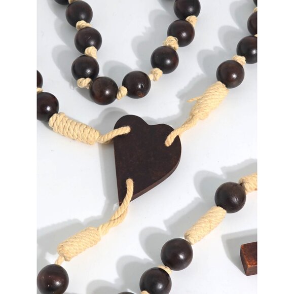 Handcrafted Wooden Rosary Necklace With Heart & Cross Design - Picture 3 of 8